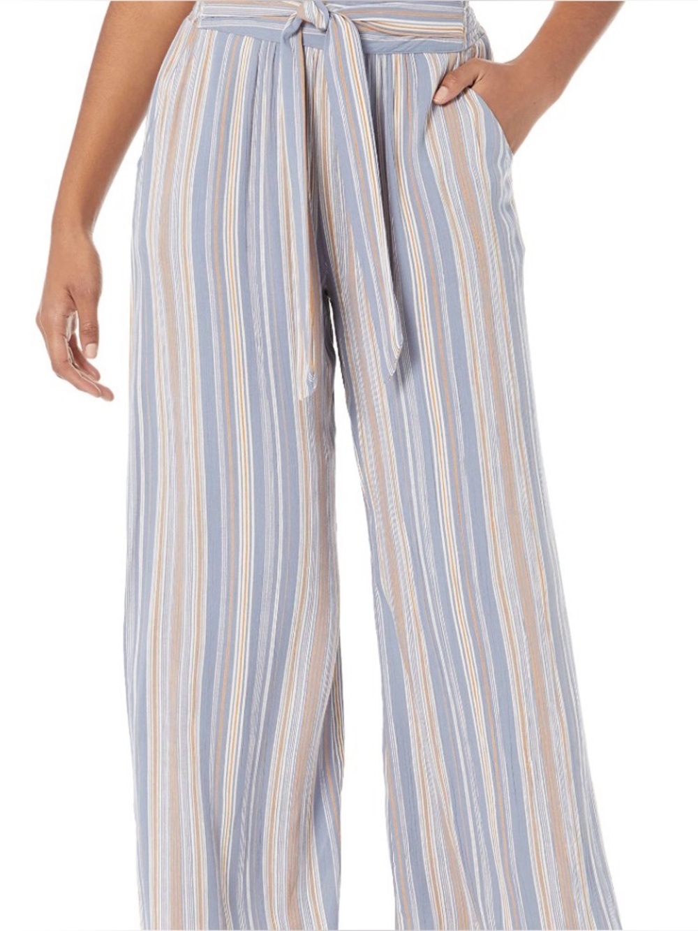 Jun & evy Striped Wide-Leg Tie-Waist Pants - Light Blue & Tan palazzo